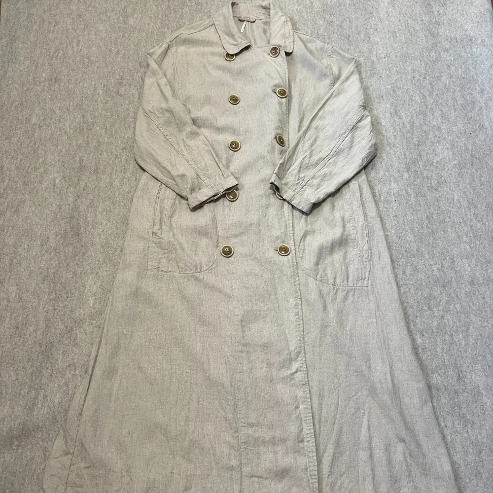 Free People Sweet Melody Trench Coat Size XS Natural Beige Linen Blend Duster - Picture 2 of 12